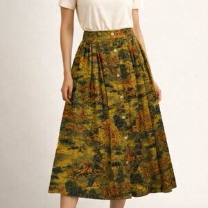 VTG Diversity Women’s 6P Button-Front Horse Forest Print Midi Skirt Equestrian